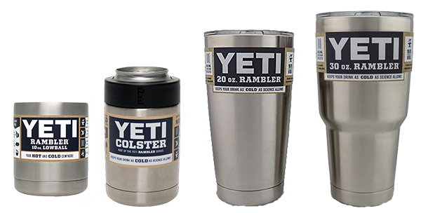 Picture of the Yeti Ramblers; 10oz, Colster, 20oz, and 30oz